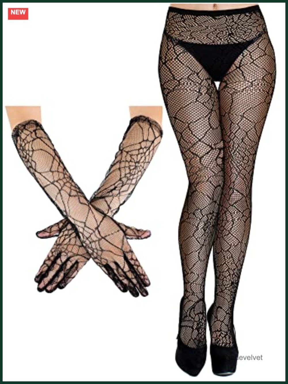 Spider Fishnet Tights & Lace Gloves Set Halloween Costume Accessories